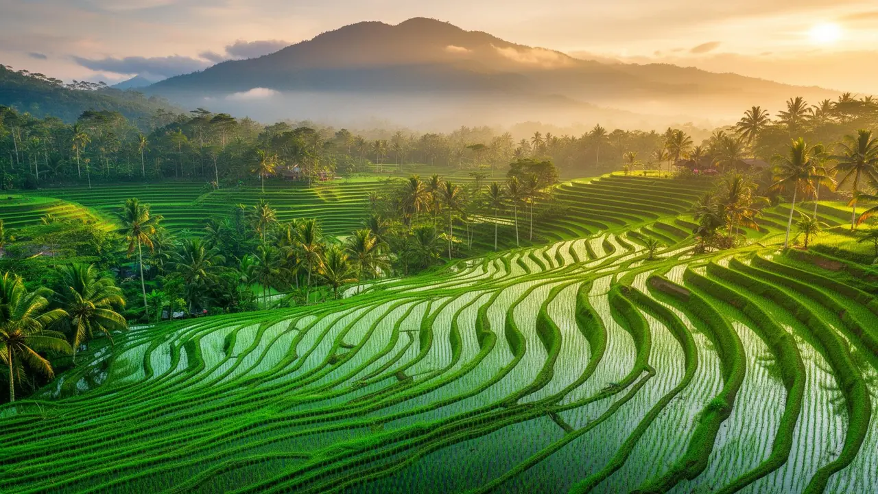 Indonesian rice terraces landscape at sunrise